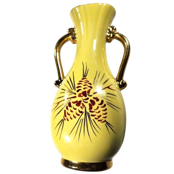 Vtg Vase Yellow Ceramic Gold tone Handles Pinecone cottagecore budvase - Picture 1 of 5